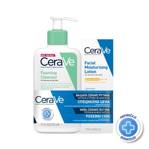 CeraVe peneči čistilni gel 236 ml + vlažilna nega za obraz SPF 50 52 ml, paket