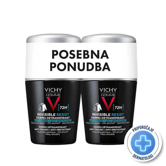 Vichy Homme Invisible Deo Resist 72h, antiperspirant proti madežem in proti razdraženosti, 2 x 50 ml