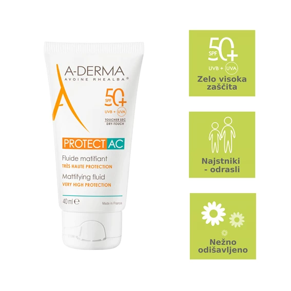 A-Derma Protect AC matirajoči fluid za zaščito pred soncem ZF50+, 40 ml