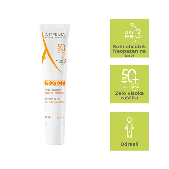 A-Derma Protect nevidni fluid za zaščito pred soncem ZF50+, 40 ml