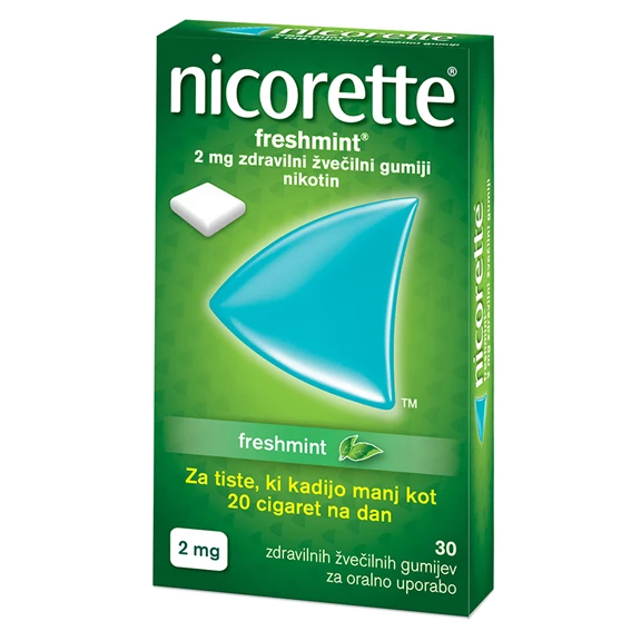 Nicorette Freshmint 2 mg zdravilni žvečilni gumiji, 30 žvečilnih gumijev