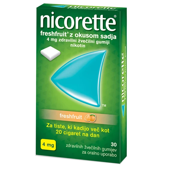 Nicorette Freshfruit z okusom sadja, 4 mg zdravilni žvečilni gumiji, 30 žvečilnih gumijev