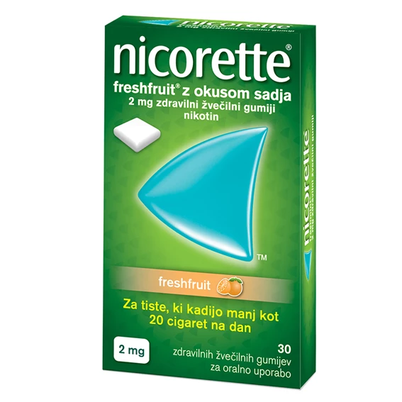 Nicorette Freshfruit z okusom sadja, 2 mg zdravilni žvečilni gumiji, 30 žvečilnih gumijev