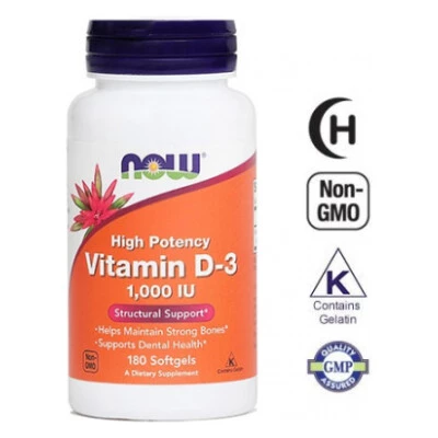 NOW Vitamin D3 1000 IE, 180 mehkih kapsul