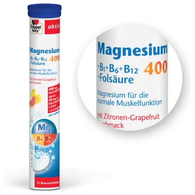 Doppelherz Aktiv Magnezij 400+B1+B6+B12+Folna kislina, šumeče tablete, 15 tablet