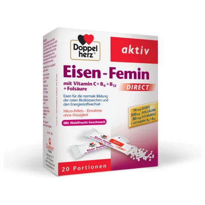 Doppelherz Aktiv Železo Femin Direkt z vitamini C+B6+B12+folno kislino, 20 vrečk