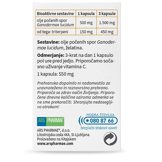 Ars Ganoderma 500 Dvojna moč, 30 kapsul