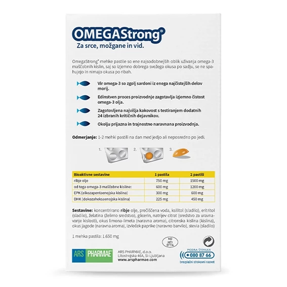 OMEGAStrong mehke pastile z okusom jagode, limete in limone, 30 pastil