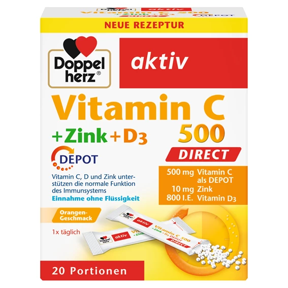 Doppelherz Aktiv Vitamin C 500 + Cink + D3 Direkt Depot zrnca v vrečkah, 20 vrečk