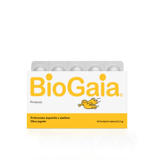 BioGaia Protectis žvečljive tablete z okusom jagode, 30 žvečljivih tablet