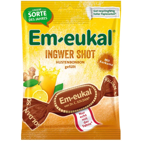 Dr. Soldan Em-Eukal Ingver Shot, trdi bonboni s kurkumo, 75 g