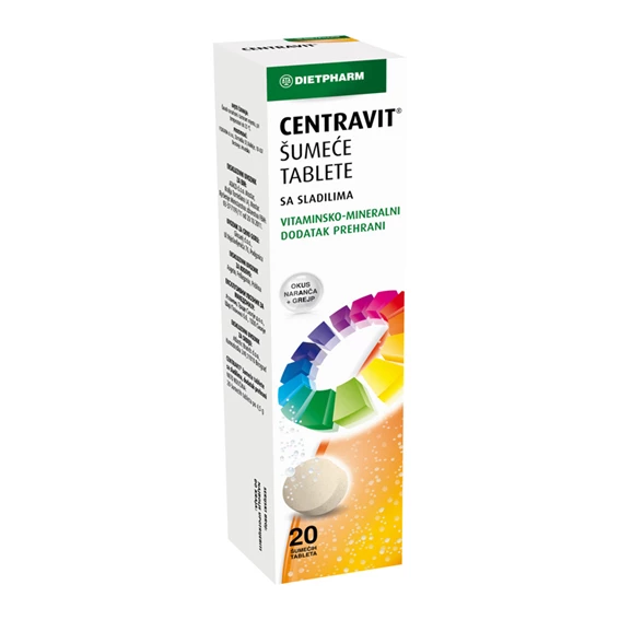 Centravit Dietpharm, vitaminske šumeče tablete z okusom pomaranče in grenivke, 20 tablet