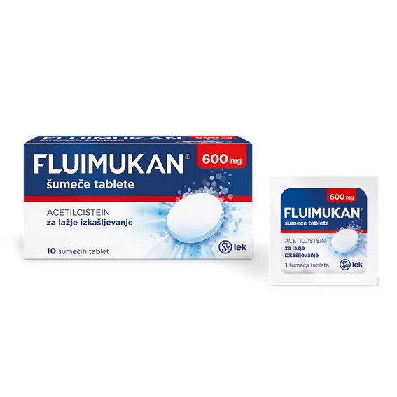 Fluimukan 600 mg šumeče tablete, škatla z vrečkami z 10 tabletami