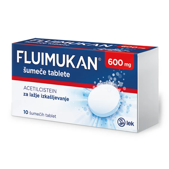 Fluimukan 600 mg šumeče tablete, škatla z vrečkami z 10 tabletami