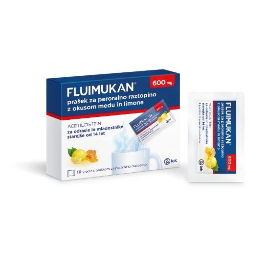 Fluimukan 600 mg prašek za peroralno raztopino z okusom medu in limone, 10 vrečic s 3 g praška