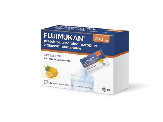 Fluimukan 200 mg prašek za peroralno raztopino z okusom pomaranče, 20 vrečk s 3 g praška