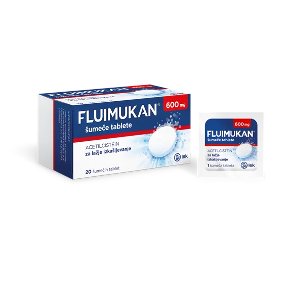 Fluimukan 600 mg šumeče tablete, škatla z vrečkami z 20 tabletami