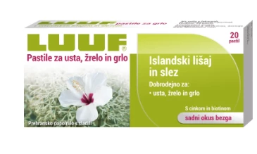 Luuf pastile za usta, žrelo in grlo z islandskim lišajem in slezom s sadnim okusom bezga, 20 pastil