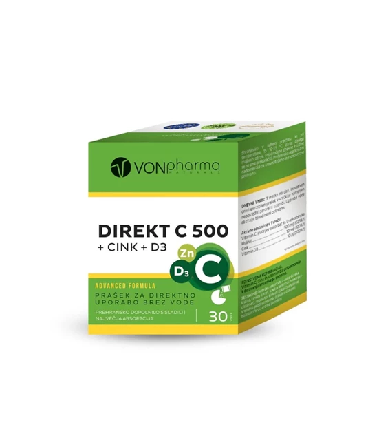 VONpharma DIREKT C 500 + CINK + D3 PRAŠEK (30 vrečk)
