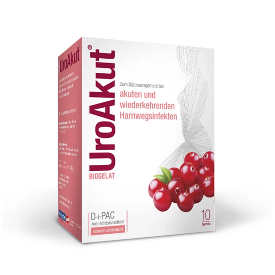 Biogelat UroAkut – Manoza in Ameriška Brusnica, 10 vrečk po 4 g granulata