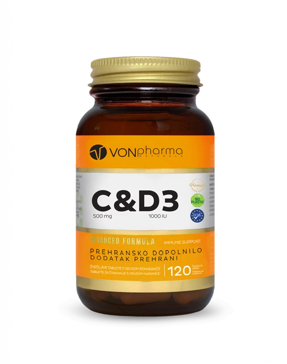 VonPharma Vitamin C in D3, 120 žvečljivih tablet z okusom pomaranče
