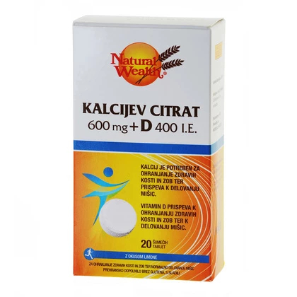 Natural Wealth Kalcijev citrat 600 mg + Vitamin D 400 IE, 20 šumečih tablet