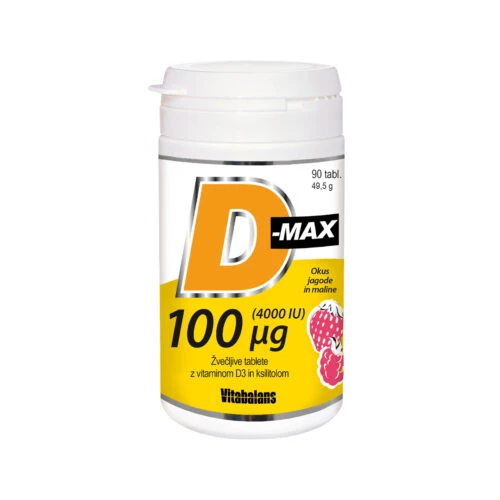 izbor D-Max 4000 I.E. Vitabalans, žvečljive tablete z vitaminom D3 in ksilitolom - okus jagode in maline, 90 tablet