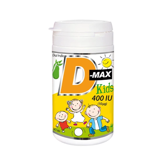 D-Max Kids 400 I.E. Vitabalans, žvečljive tablete z vitaminom D z okusom Hruške, 90 tablet