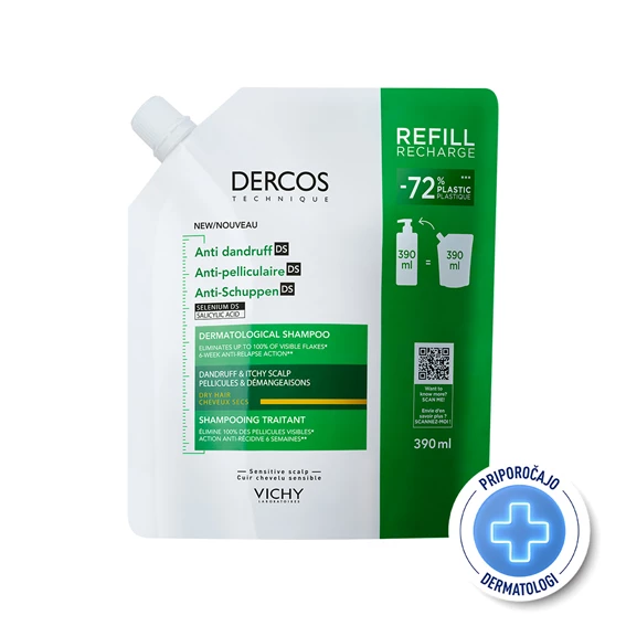Vichy Dercos Šampon proti prhljaju za suhe lase; refill, 390 ml